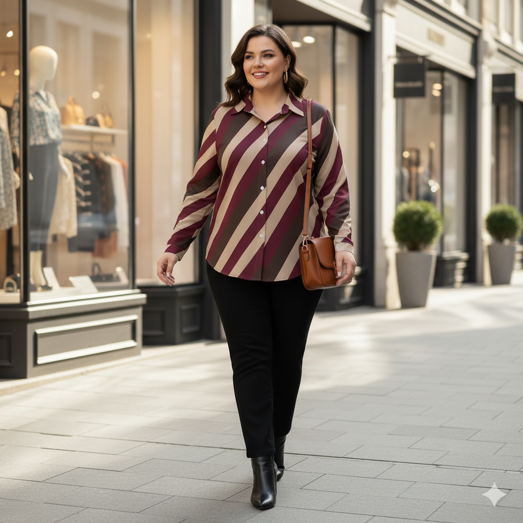 Chemise à ourlet asymétrique – rayures bordeaux, taupe & brun | Big Smiles