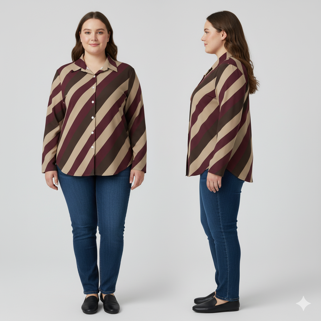 Chemise à ourlet asymétrique – rayures bordeaux, taupe & brun | Big Smiles