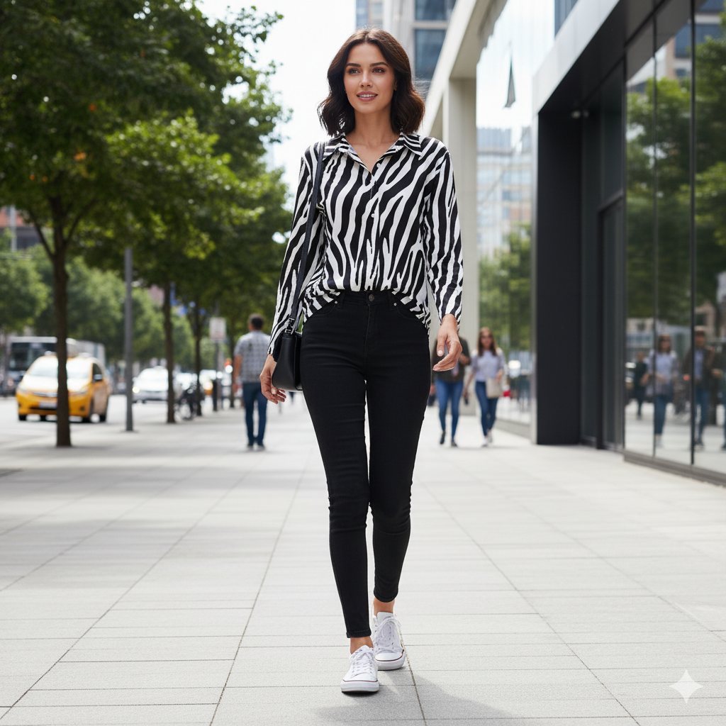Chemise à ourlet asymétrique – imprimé zèbre noir & blanc | Big Smiles