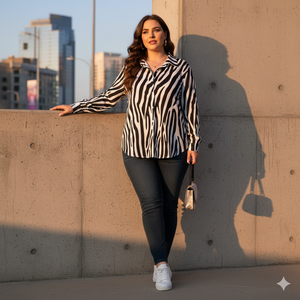 Chemise à ourlet asymétrique – imprimé zèbre noir & blanc | Big Smiles