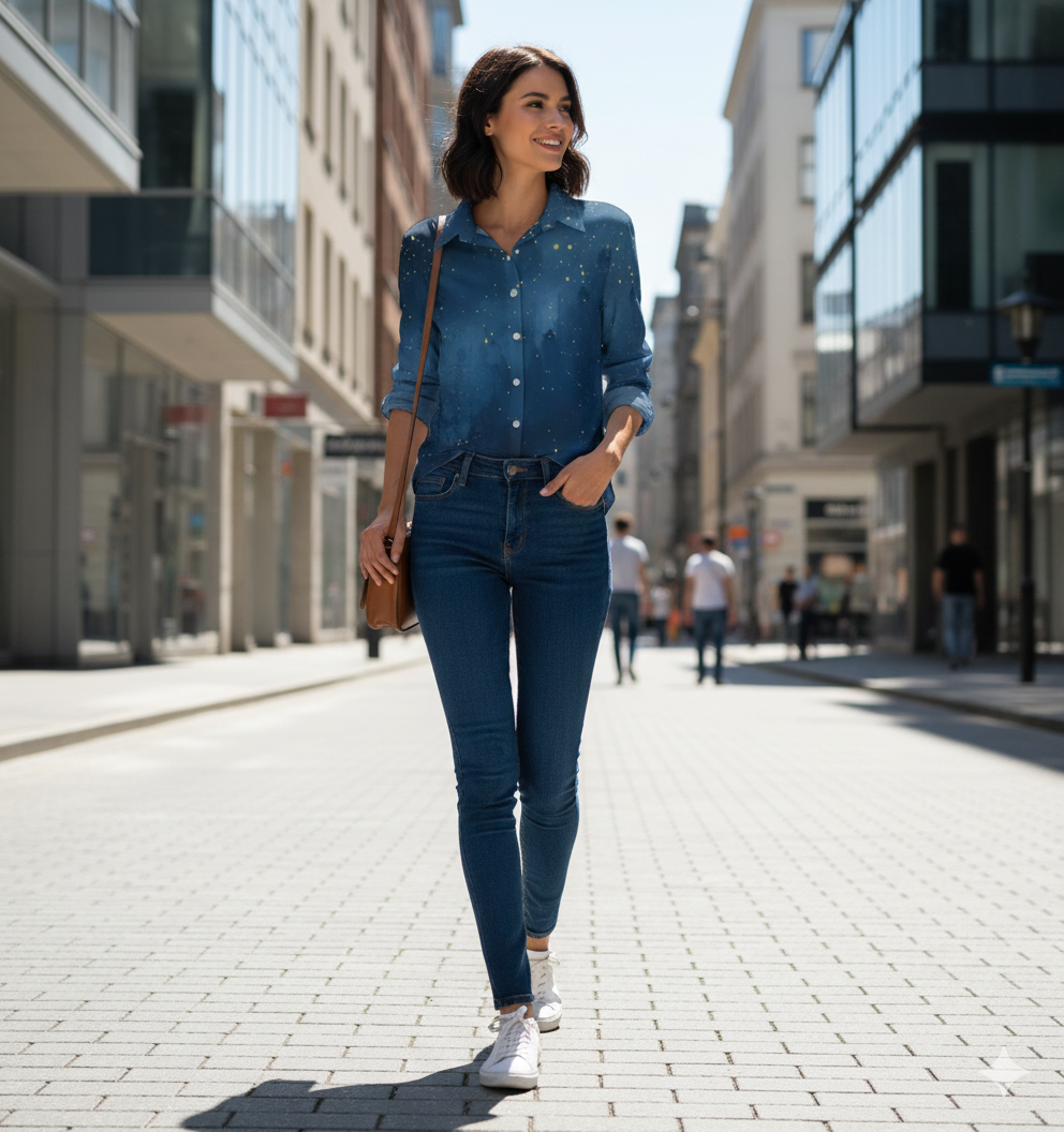 Chemise à ourlet asymétrique – ciel étoilé bleu nuit | Big Smiles