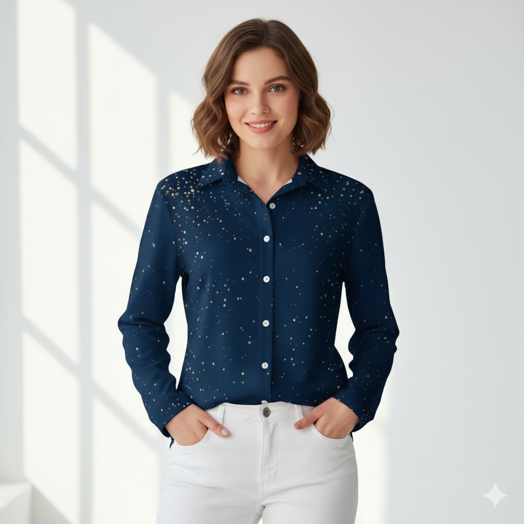 Chemise à ourlet asymétrique – bleu nuit constellé | Big Smiles
