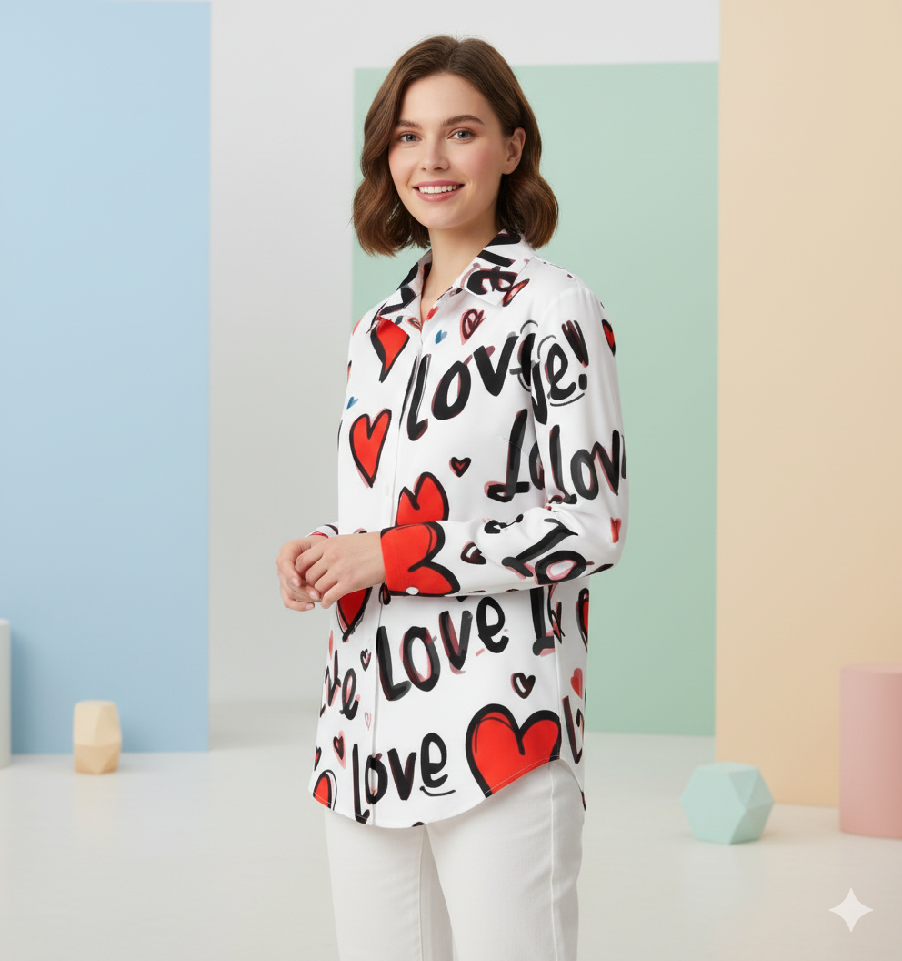 Chemise à ourlet asymétrique – imprimé cœurs “Love” | Big Smiles