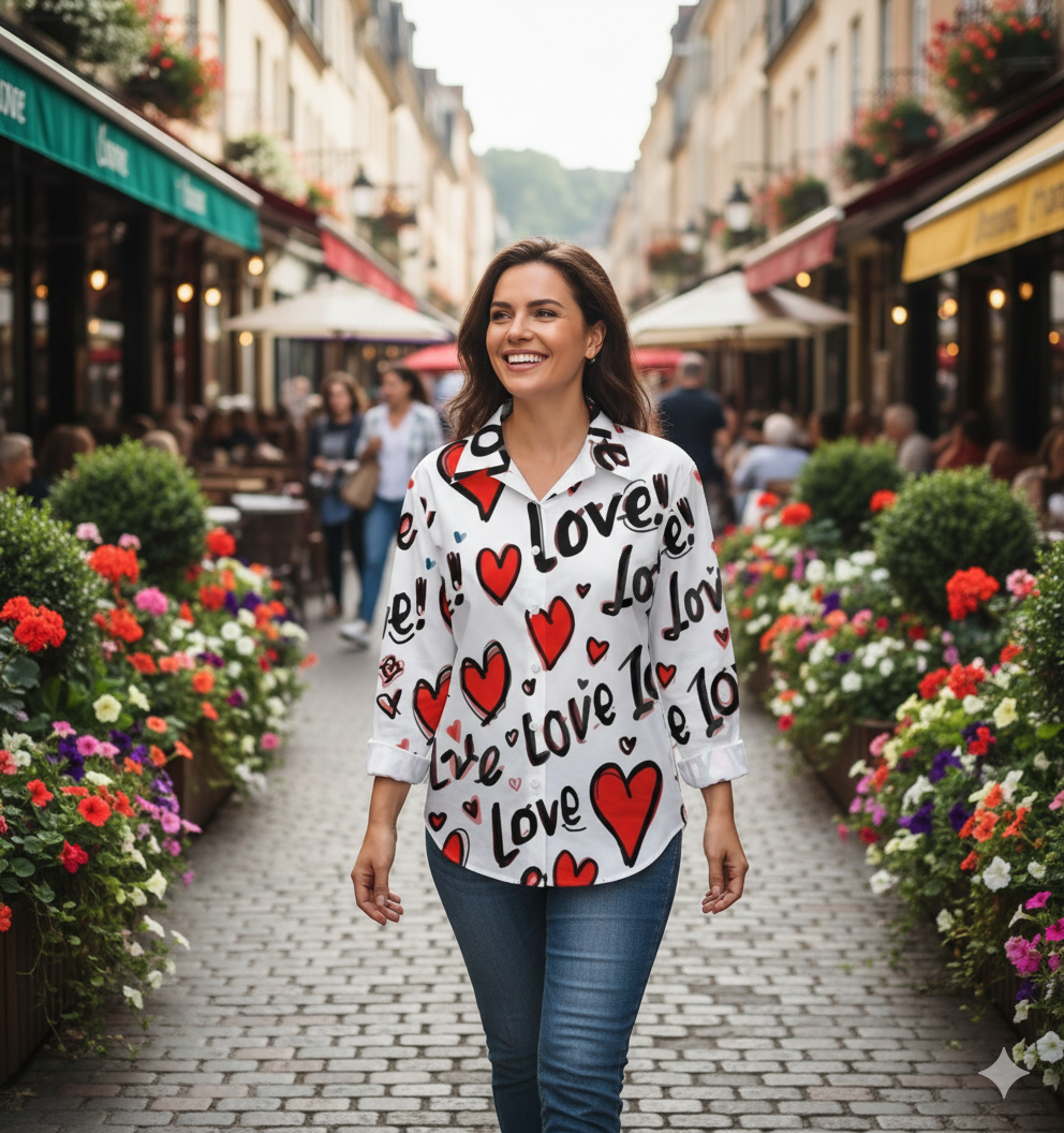 Chemise à ourlet asymétrique – imprimé cœurs “Love” | Big Smiles