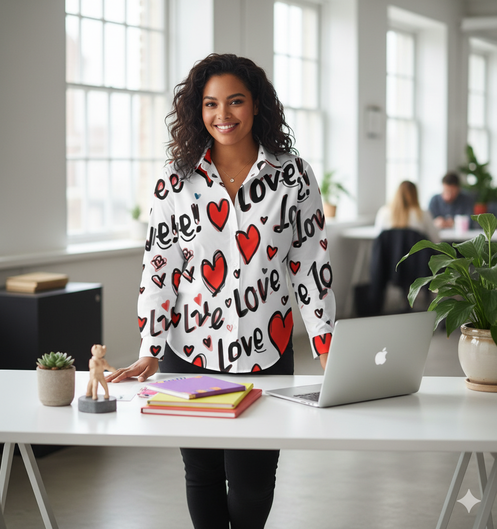 Chemise à ourlet asymétrique – imprimé cœurs “Love” | Big Smiles