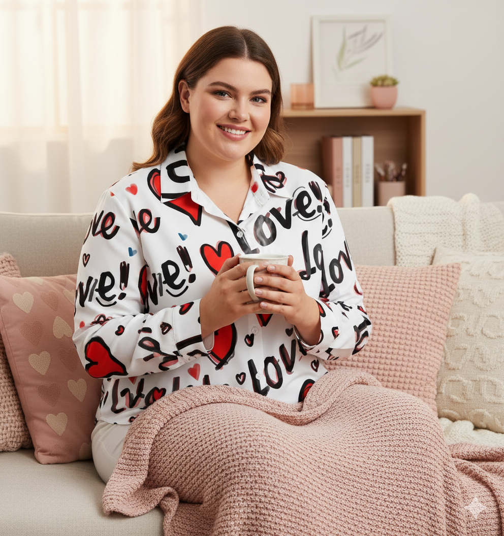 Chemise à ourlet asymétrique – imprimé cœurs “Love” | Big Smiles