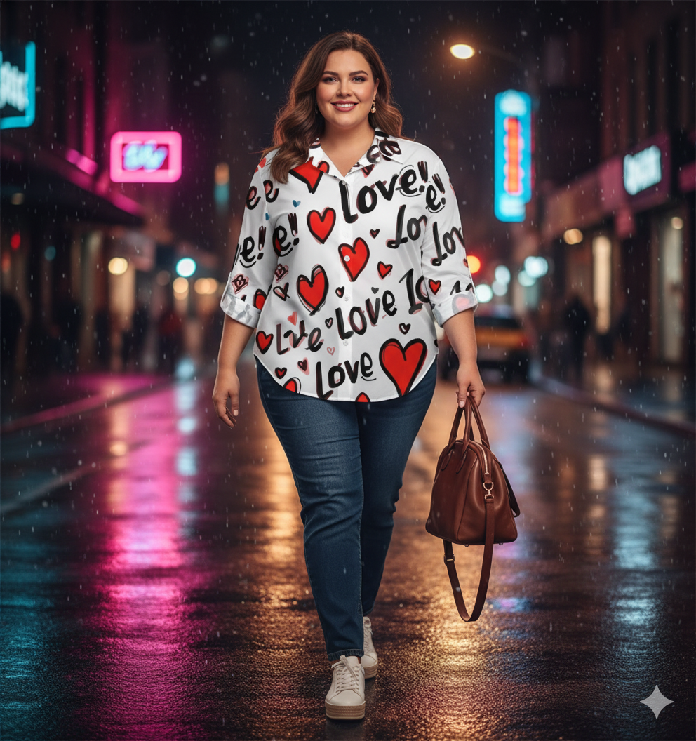 Chemise à ourlet asymétrique – imprimé cœurs “Love” | Big Smiles