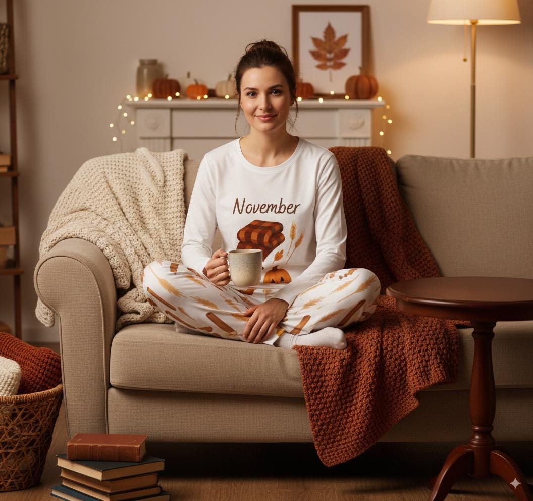 tailles XS - 6XL Pyjama femme novembre automne, ensemble deux pièces, pyjama cosy avec cannelle et citrouille,