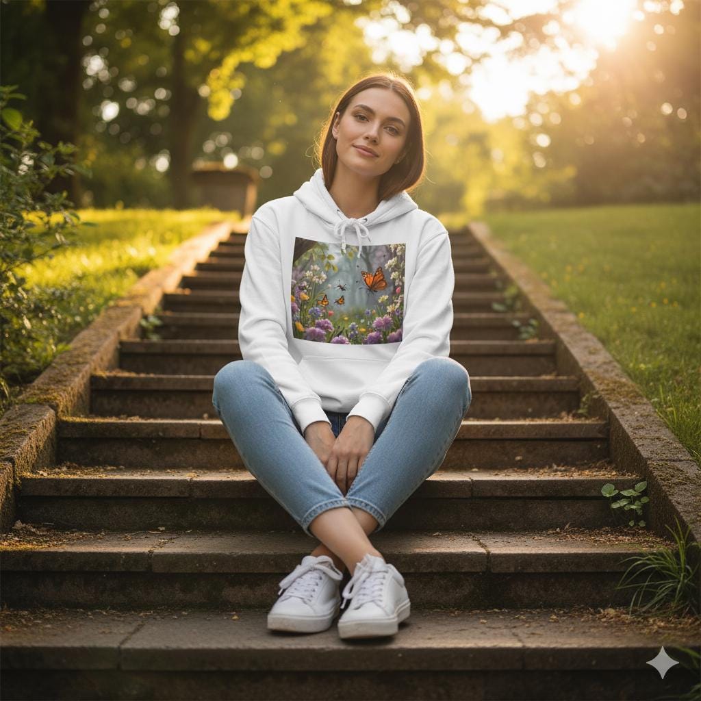 Sudadera unisex con diseño de mariposas y jardín, tallas XS a 5XL | Sudadera con estampado floral botánico para campus | Top con estética primaveral | Regalo de graduación |