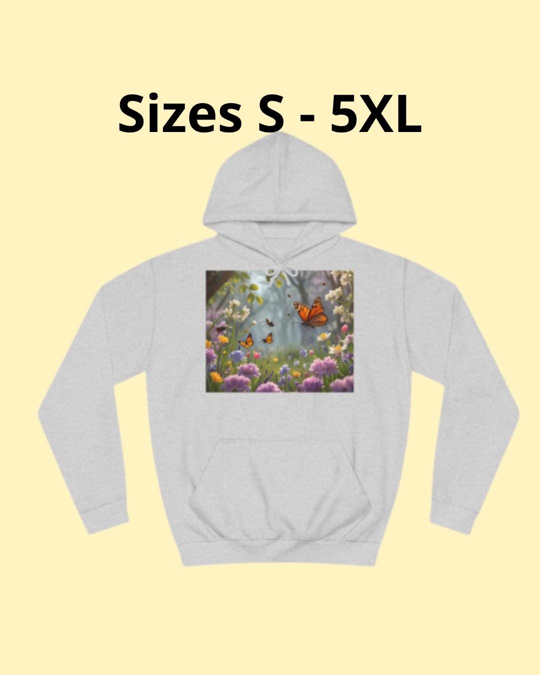 Sudadera unisex con diseño de mariposas y jardín, tallas XS a 5XL | Sudadera con estampado floral botánico para campus | Top con estética primaveral | Regalo de graduación |