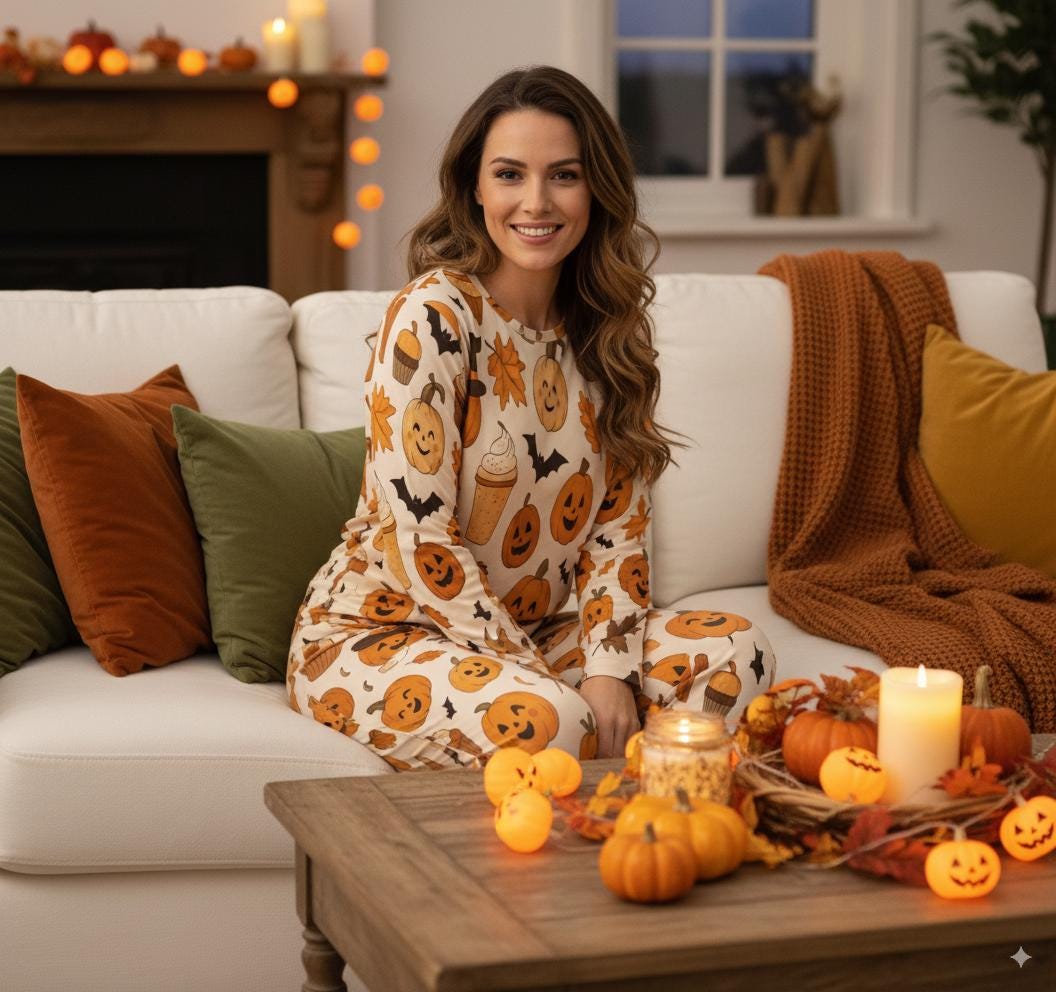 tailles XS - 6XL Pyjama femme Halloween, ensemble deux pièces cosy, motif citrouilles et chauves-souris all-over,