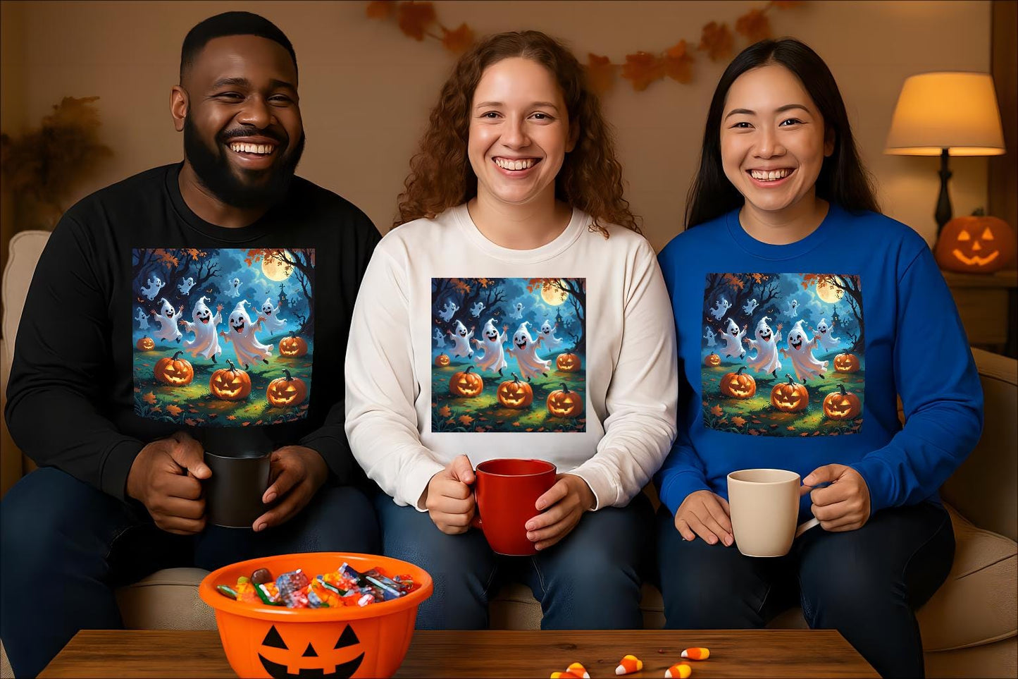 Tailles S–5XL T-shirt Halloween Fantômes & Citrouilles – Manches Longues Unisexe
