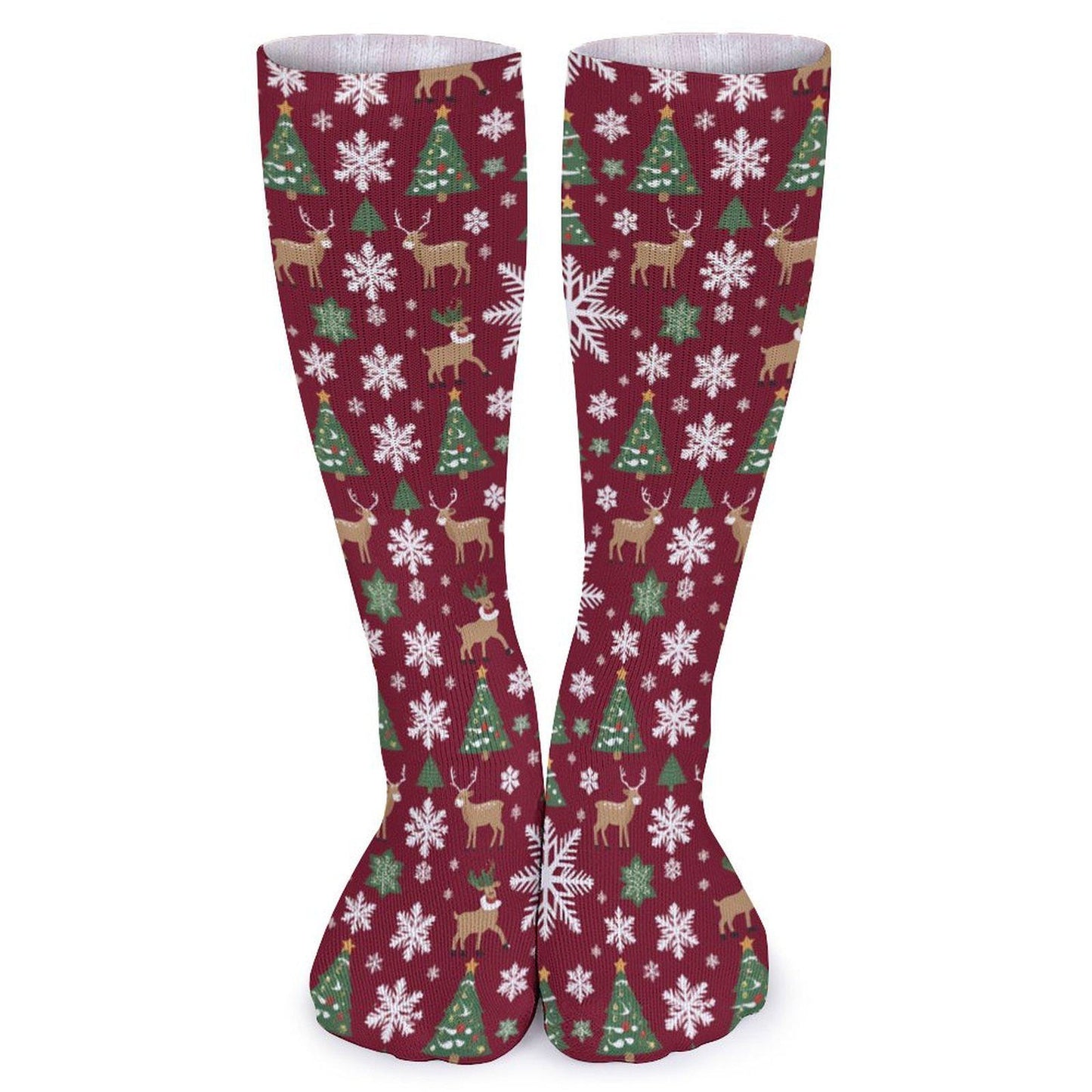 Chaussettes montantes bordeaux Noël | Rennes, flocons et sapins | Respirantes & stretch | Mode inclusive Big Smiles