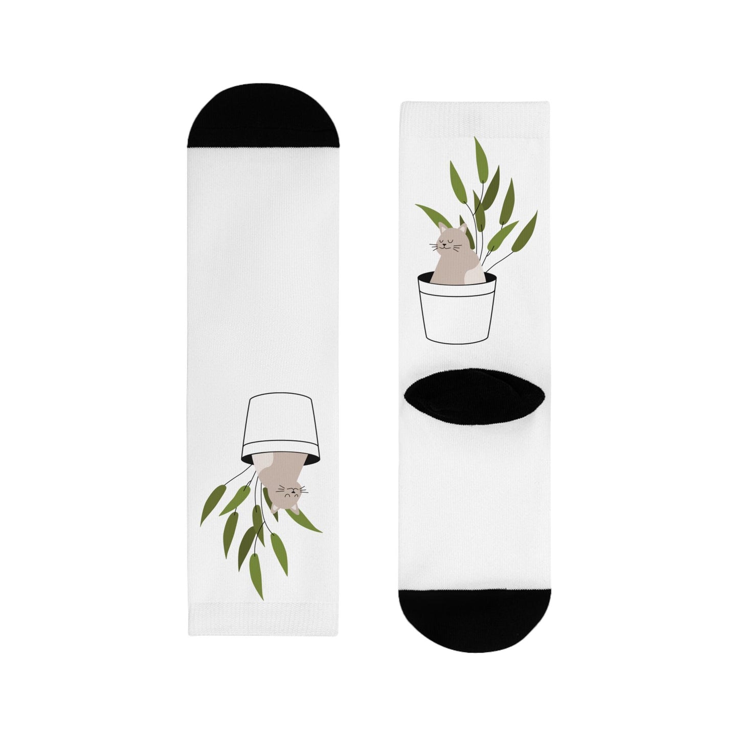 Chaussettes « Cat Plant » – crew sublimées, motif chat & plante, cadeau mignon