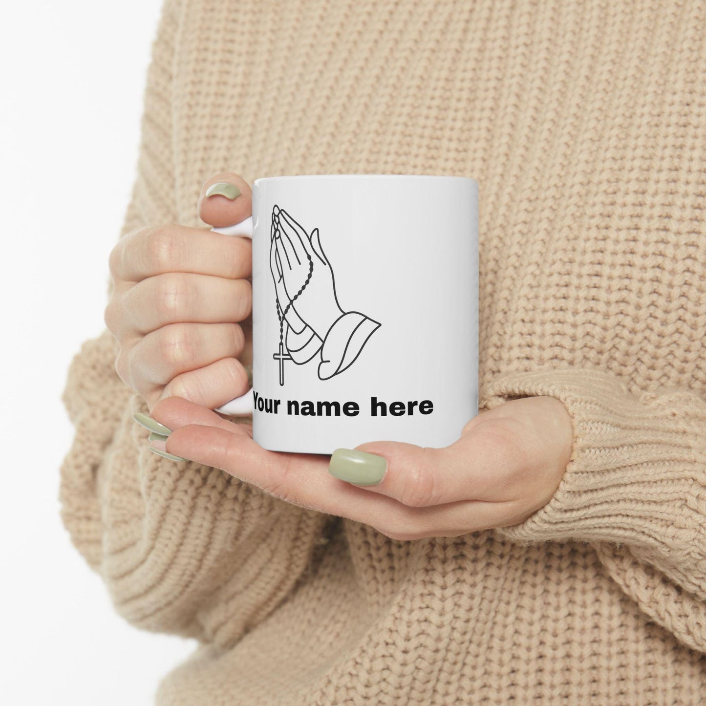 Mug mains en prière avec chapelet personnalisable – céramique brillante 11oz/15oz, micro-ondes & lave-vaisselle