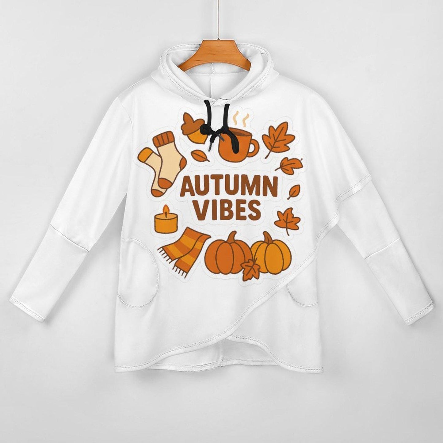 Tallas S - 5XL Poncho blanco Autumn Vibes, sudadera con capucha de manga larga para mujer, dobladillo irregular, estilo casual de otoño,