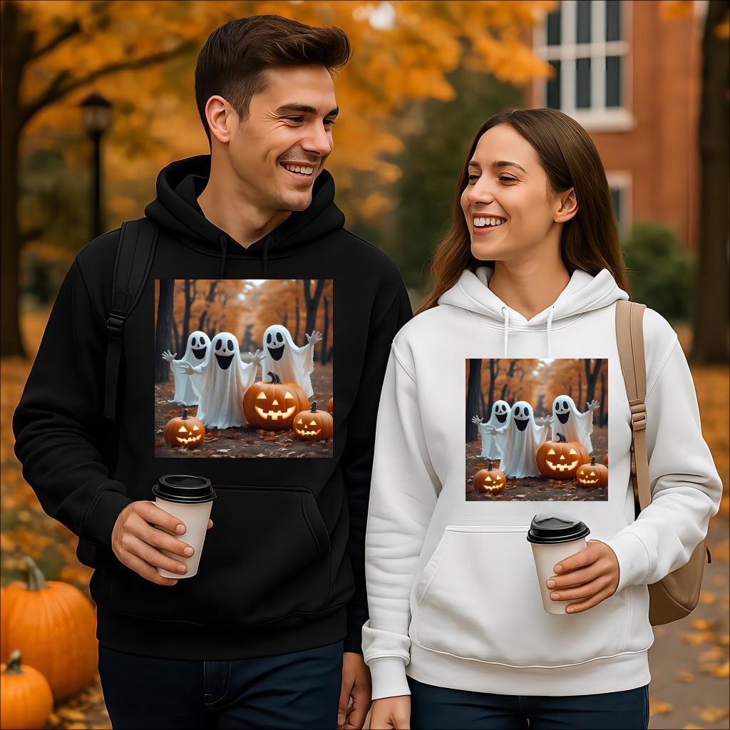 Tailles XS–5XL Sweat à capuche unisexe noir d’Halloween avec fantômes et citrouilles, coton mélangé