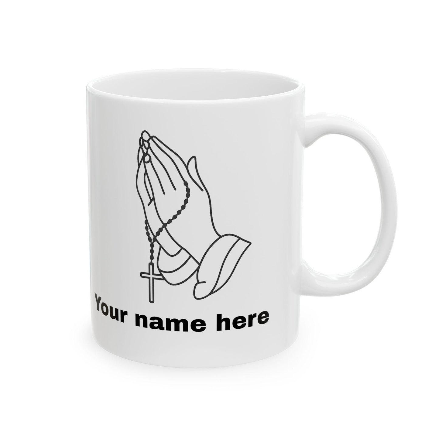 Mug mains en prière avec chapelet personnalisable – céramique brillante 11oz/15oz, micro-ondes & lave-vaisselle