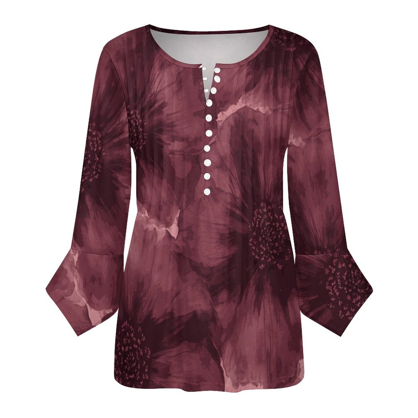 Top femme col V manches 3/4 – imprimé floral bordeaux | Big Smiles