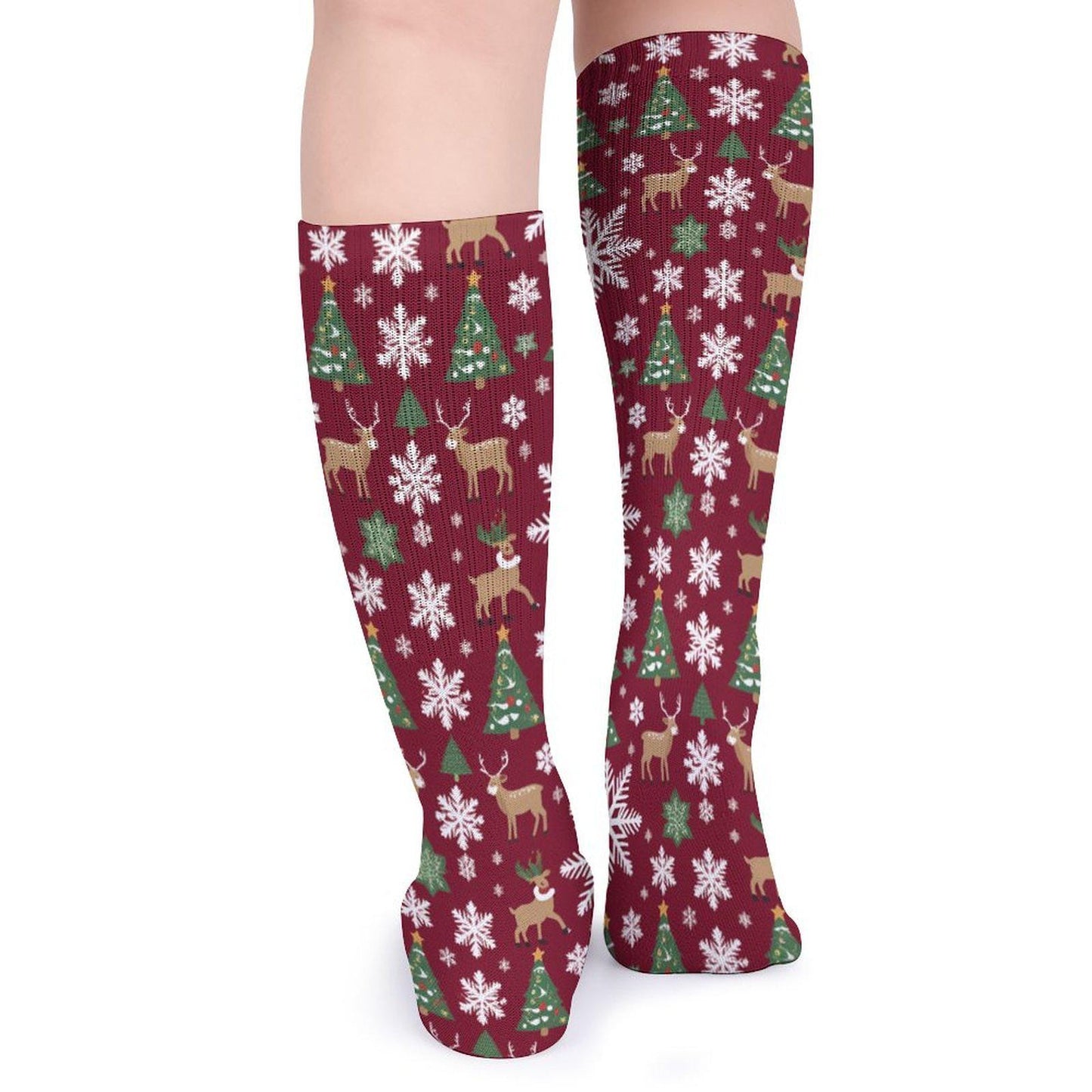 Chaussettes montantes bordeaux Noël | Rennes, flocons et sapins | Respirantes & stretch | Mode inclusive Big Smiles