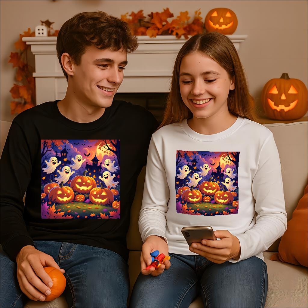 T-shirt pour les jeunes Halloween manches longues performance, fantômes & citrouilles