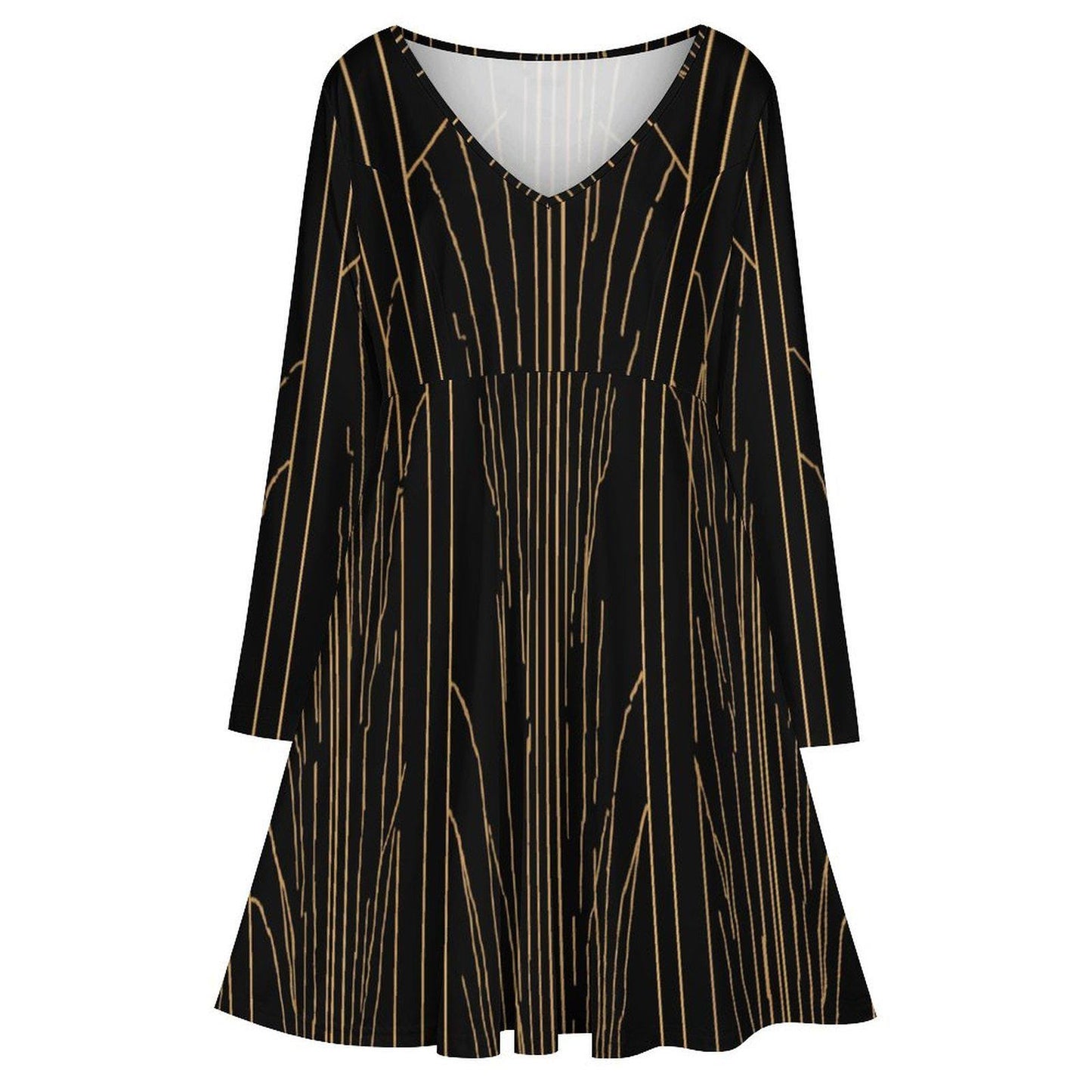 Du S au 8XL - Robe élégante grande taille noire et dorée à col V et manches longues | Imprimé intégral | Big Smiles