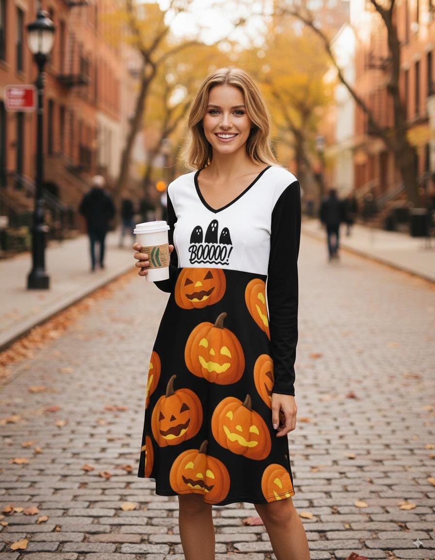 tailles S–8XL Robe noire d’ automme pour Halloween col V, manches longues avec fantômes et citrouilles,