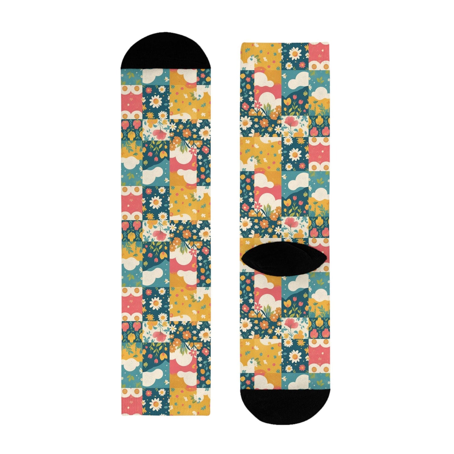 Chaussettes « Floral Patchwork » – crew sublimées, motif fleuri rétro, confort cosy