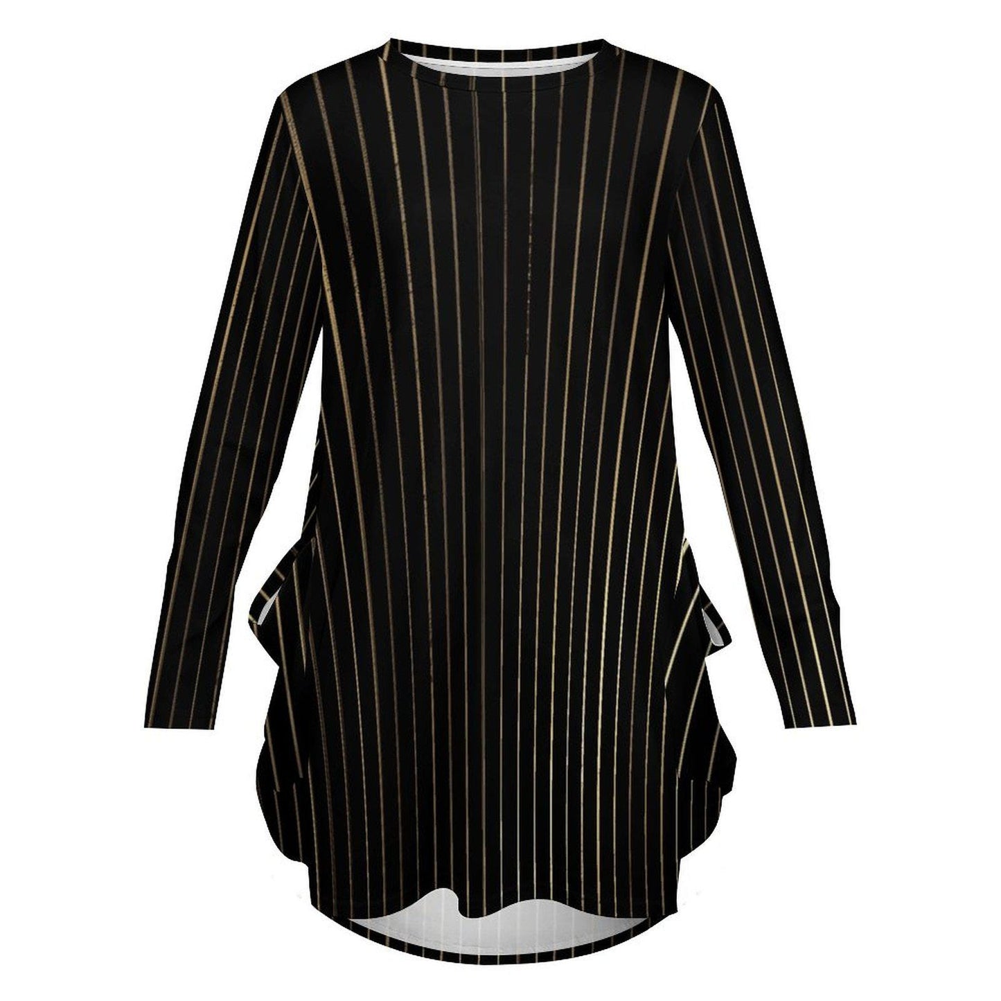tailles S - 5XL Robe ample manches longues avec poches | noir à fines rayures dorées | imprimé intégral