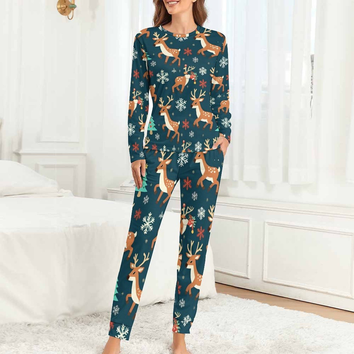 Pyjama de Noël rennes 2 pièces femme | XS–6XL | Doux, stretch, poches | Big Smiles