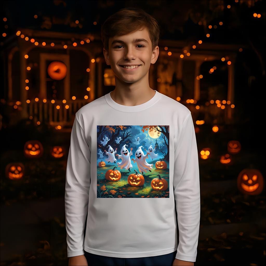 T-shirt pour les jeunes Halloween manches longues fantômes & citrouilles — respirant
