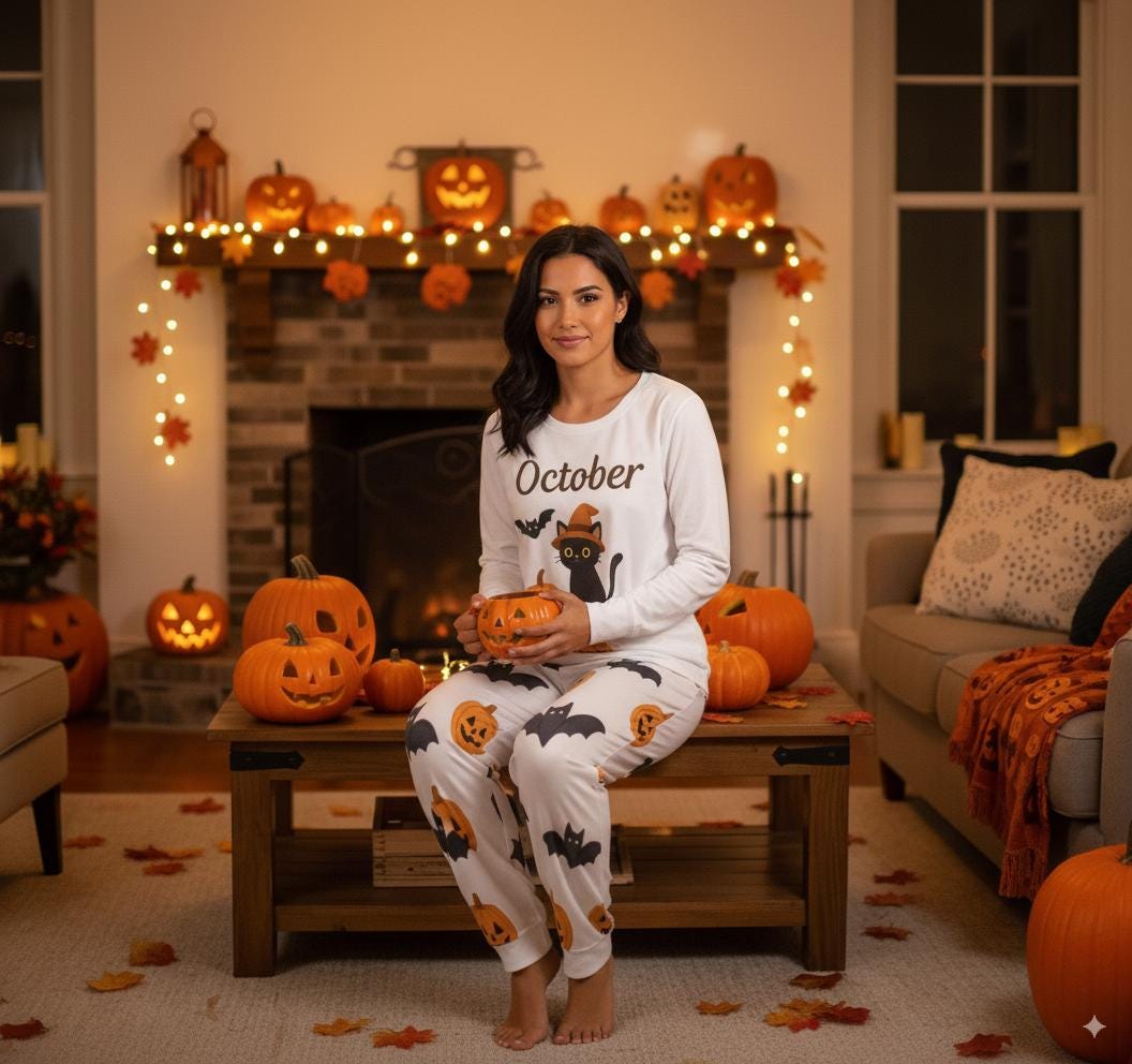 tailles XS - 6XL Pyjama femme octobre Halloween, ensemble deux pièces, pyjama cosy chat noir et citrouilles,