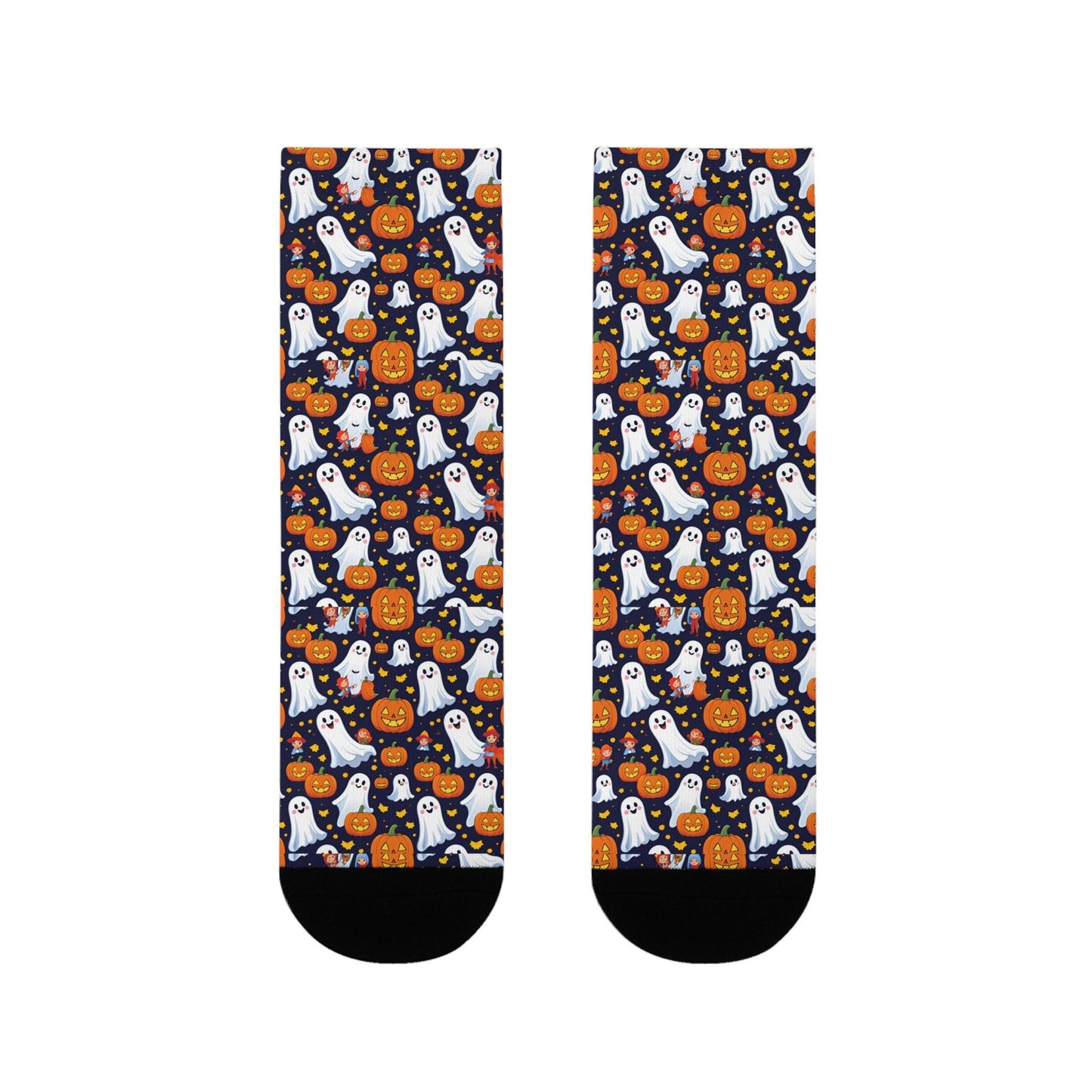 Calcetines de fantasmas espeluznantes: calcetines de Halloween sublimados con diseño de fantasmas y calabazas, comodidad y calidez.