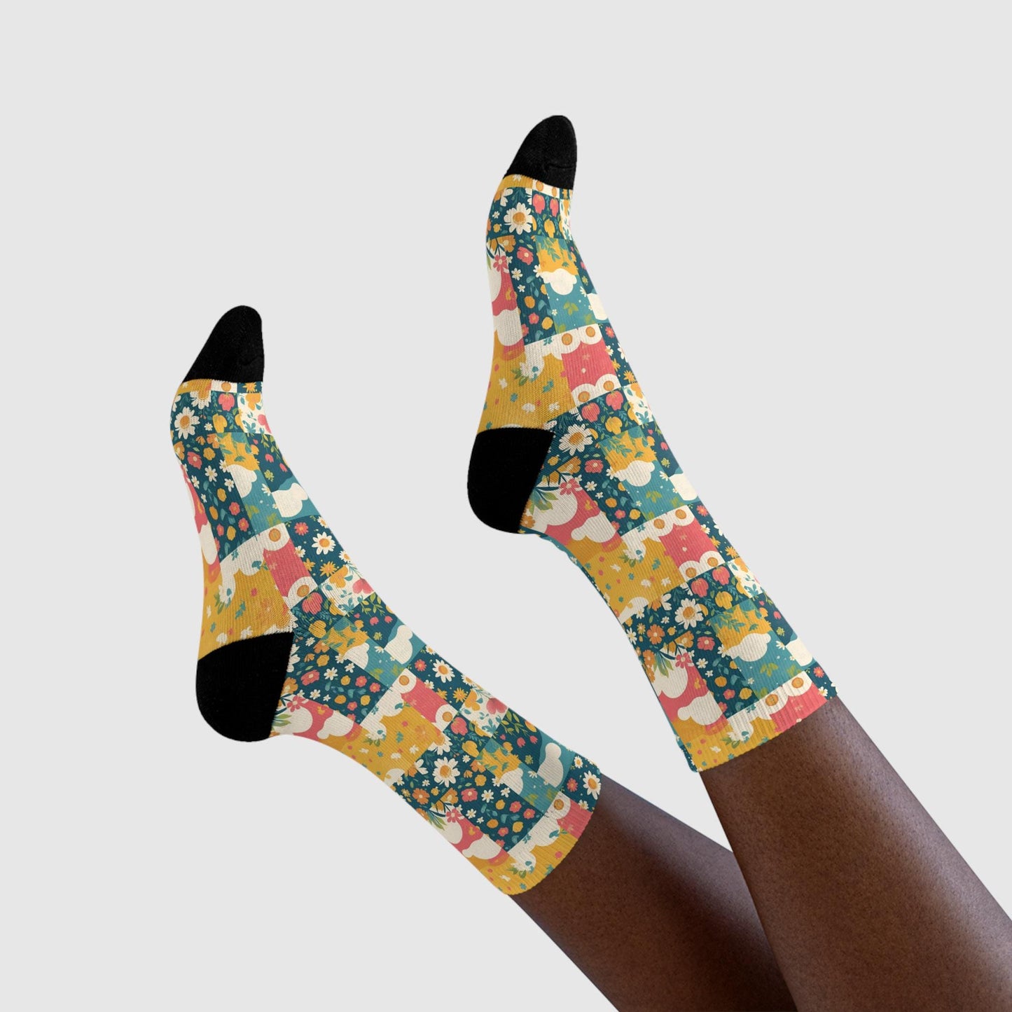 Chaussettes « Floral Patchwork » – crew sublimées, motif fleuri rétro, confort cosy