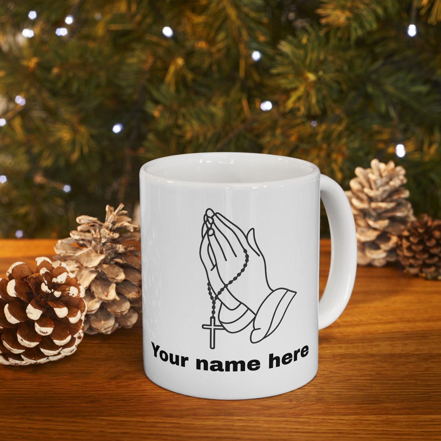 Mug mains en prière avec chapelet personnalisable – céramique brillante 11oz/15oz, micro-ondes & lave-vaisselle