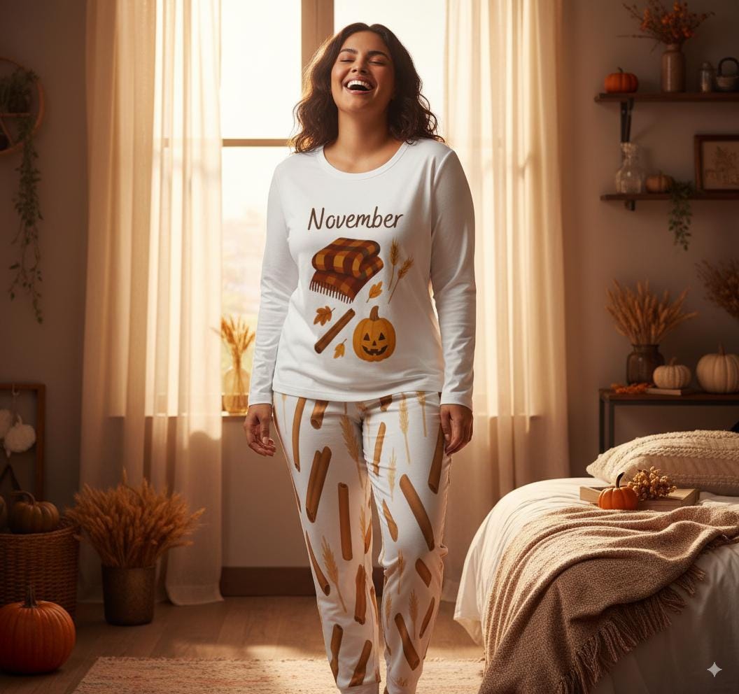 tailles XS - 6XL Pyjama femme novembre automne, ensemble deux pièces, pyjama cosy avec cannelle et citrouille,