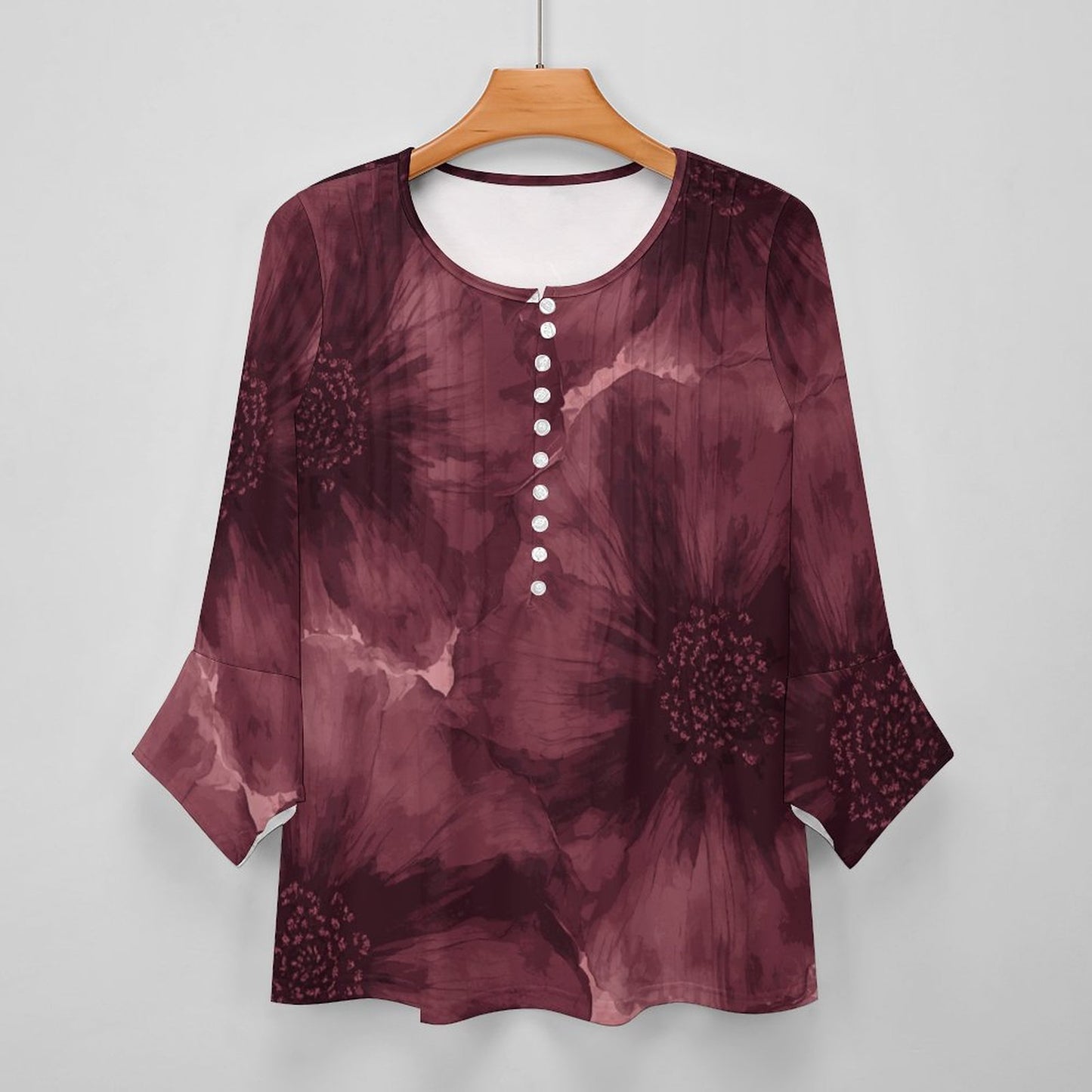 Top femme col V manches 3/4 – imprimé floral bordeaux | Big Smiles