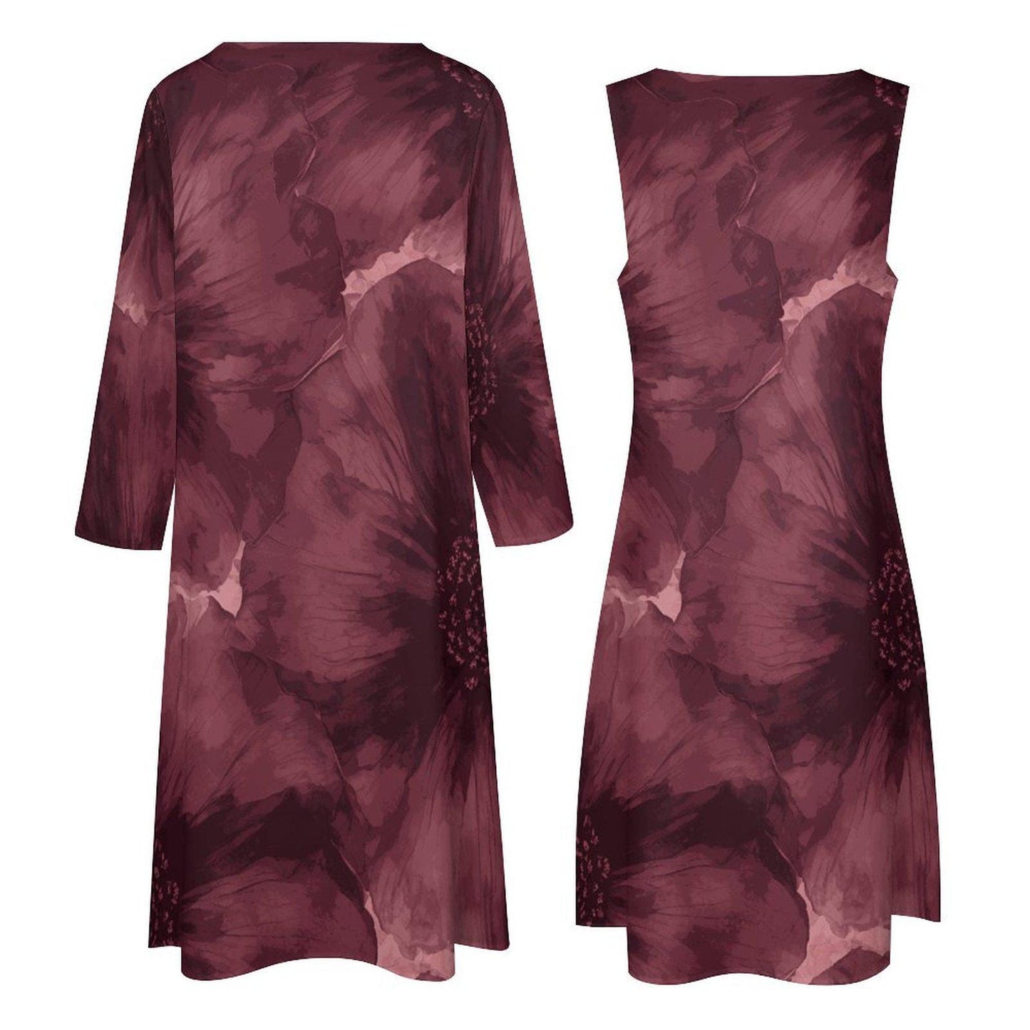 Ensemble 2 pièces S–5XL | Robe longue sans manches + gilet long | Motif floral bordeaux élégant