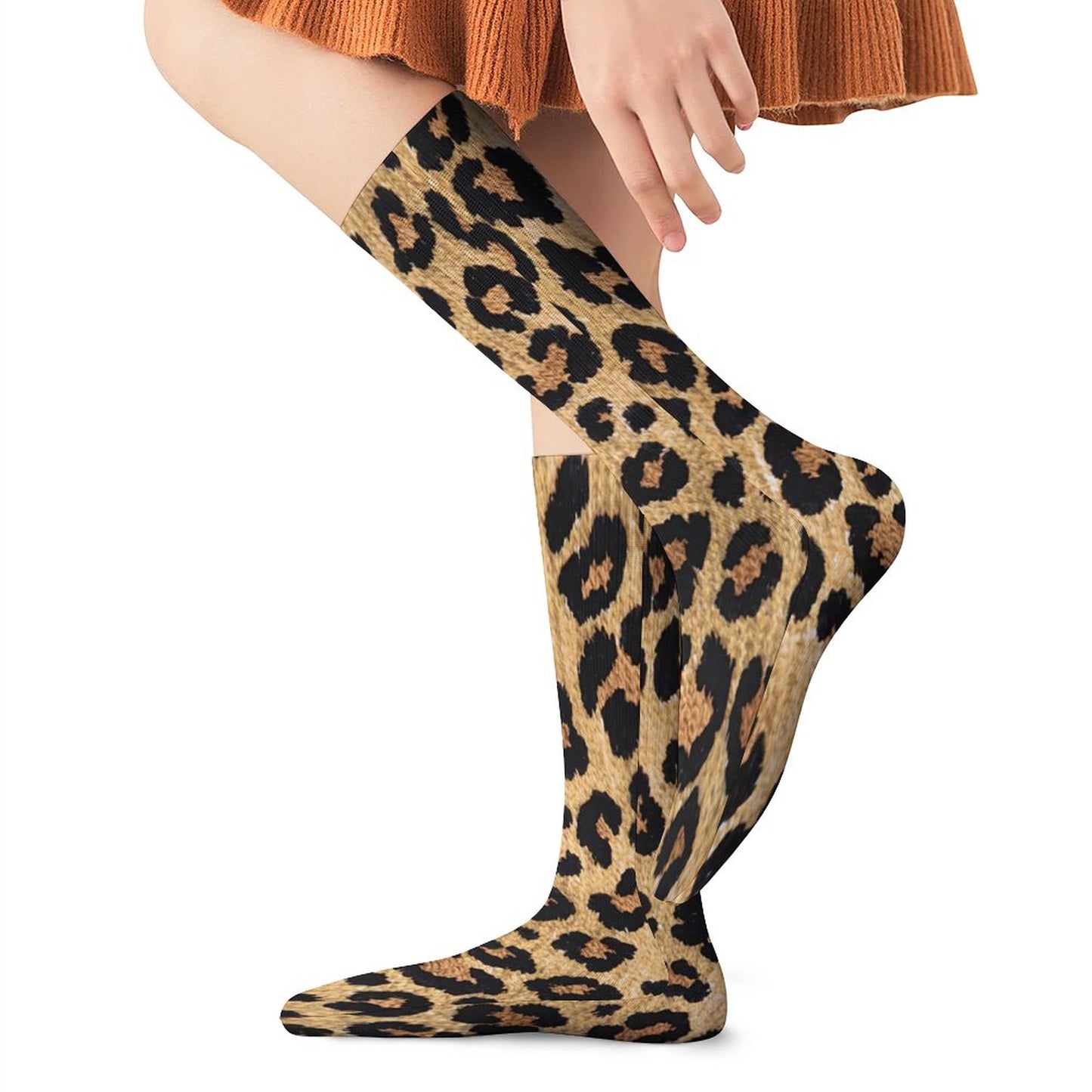 Chaussettes montantes léopard sable – respirantes, anti-glisse & confort mollets – impression all-over | Big Smiles