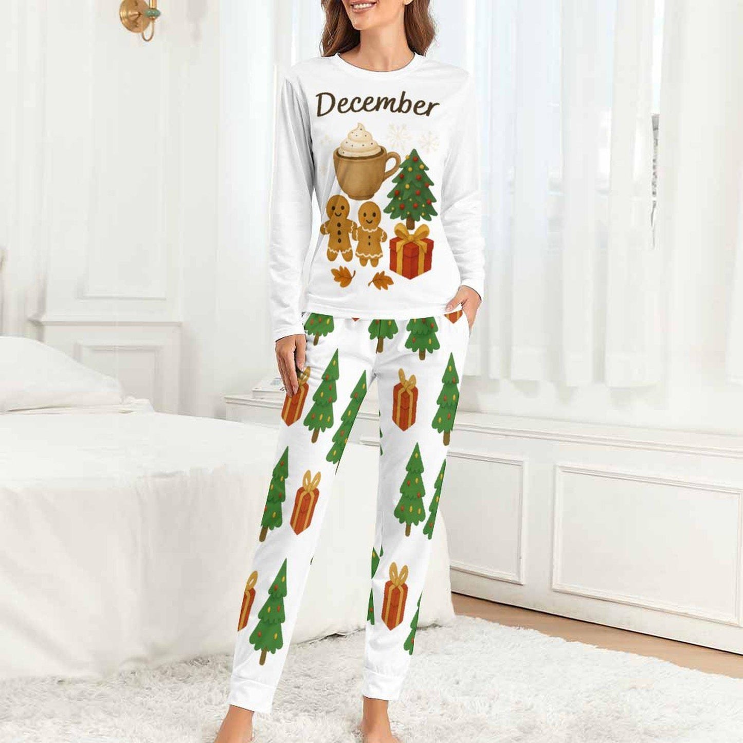 Pyjama de Noël femme décembre, ensemble 2 pièces, pain d’épices, sapin et cadeau Tailles XS–6XL