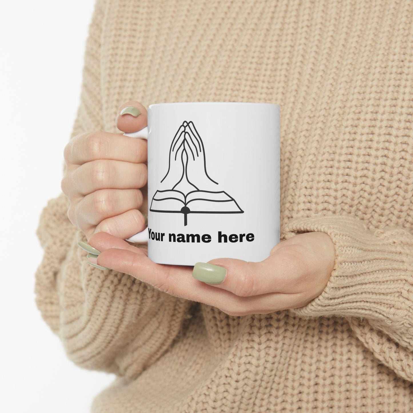 Mug chrétien personnalisable – Mains en prière et Bible, céramique brillante 11oz/15oz, micro-ondes & lave-vaisselle
