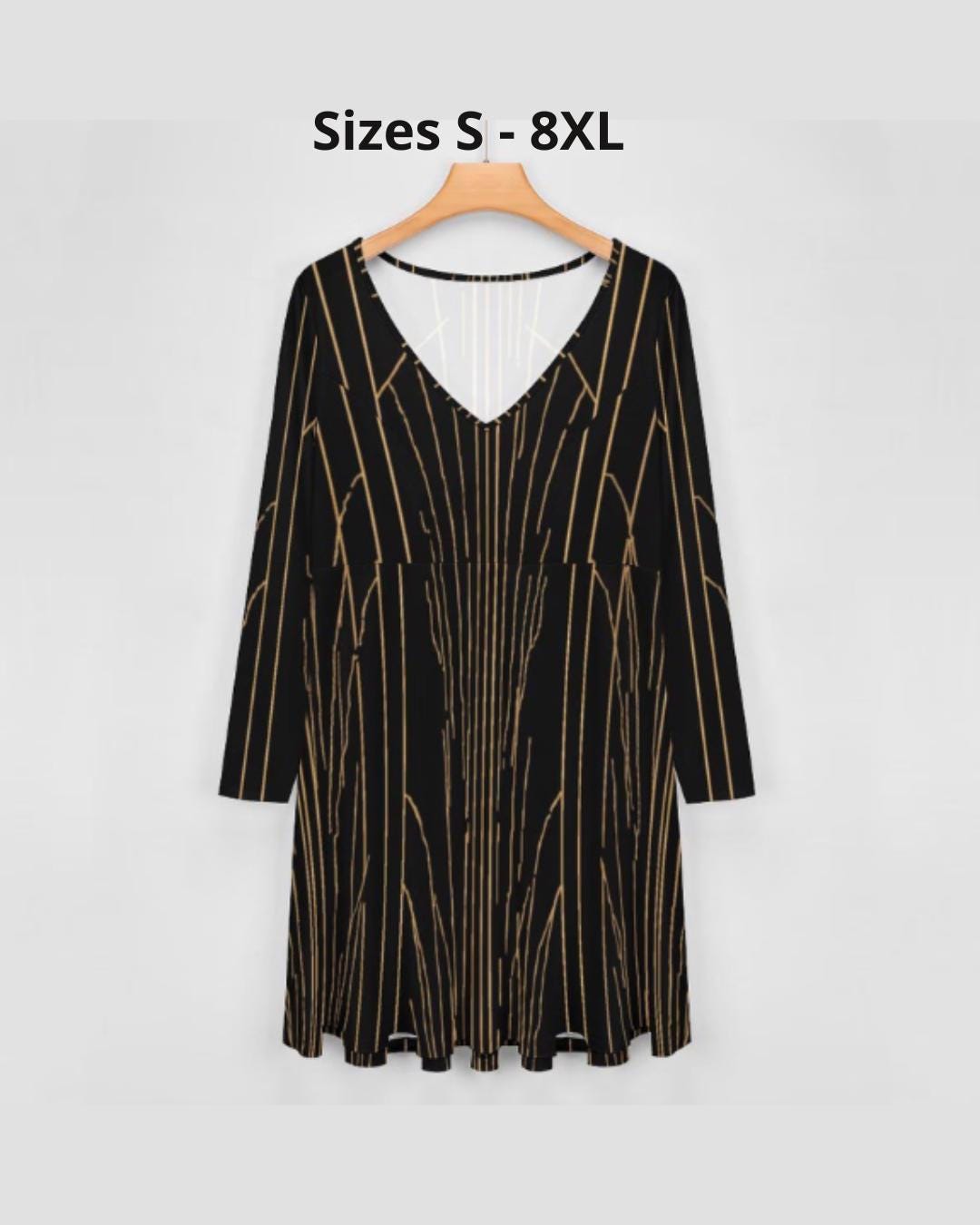 Du S au 8XL - Robe élégante grande taille noire et dorée à col V et manches longues | Imprimé intégral | Big Smiles