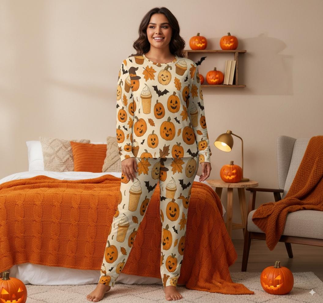 tailles XS - 6XL Pyjama femme Halloween, ensemble deux pièces cosy, motif citrouilles et chauves-souris all-over,