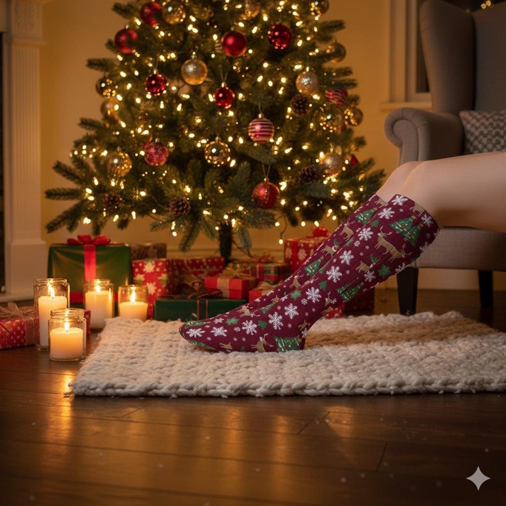 Chaussettes montantes bordeaux Noël | Rennes, flocons et sapins | Respirantes & stretch | Mode inclusive Big Smiles