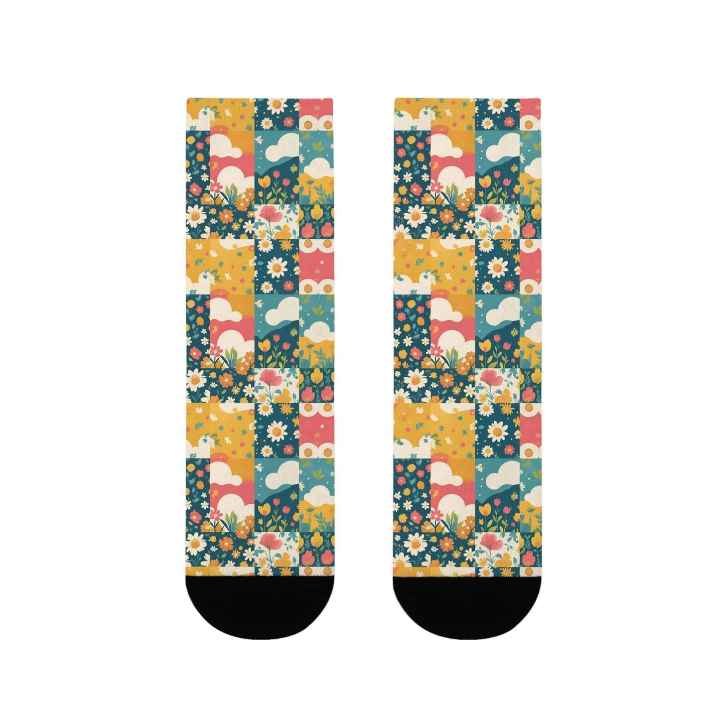 Chaussettes « Floral Patchwork » – crew sublimées, motif fleuri rétro, confort cosy