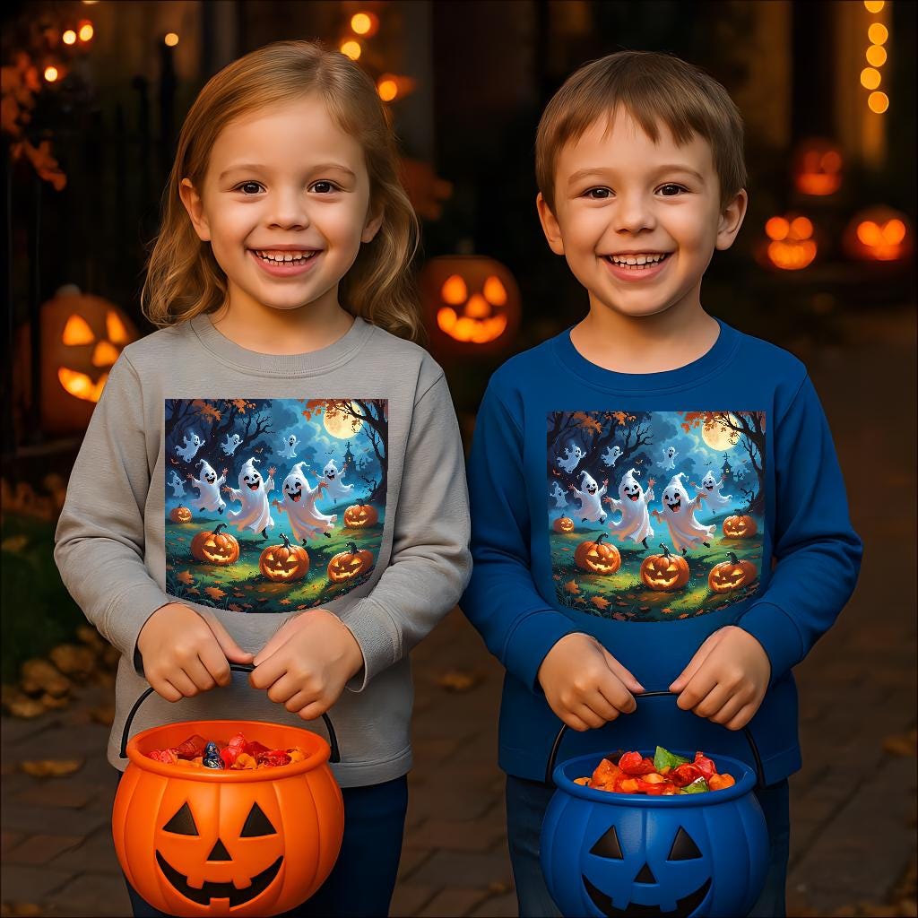 T-shirt Halloween enfant (toddler) manches longues, fantômes & citrouilles, coton