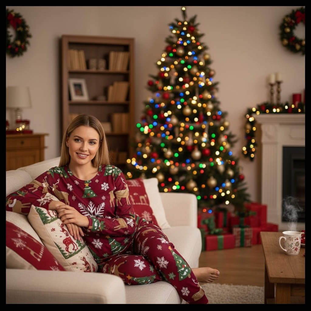 Pyjama de Noël femme 2 pièces | XS–6XL | Bordeaux | Doux, stretch, poches | Big Smiles
