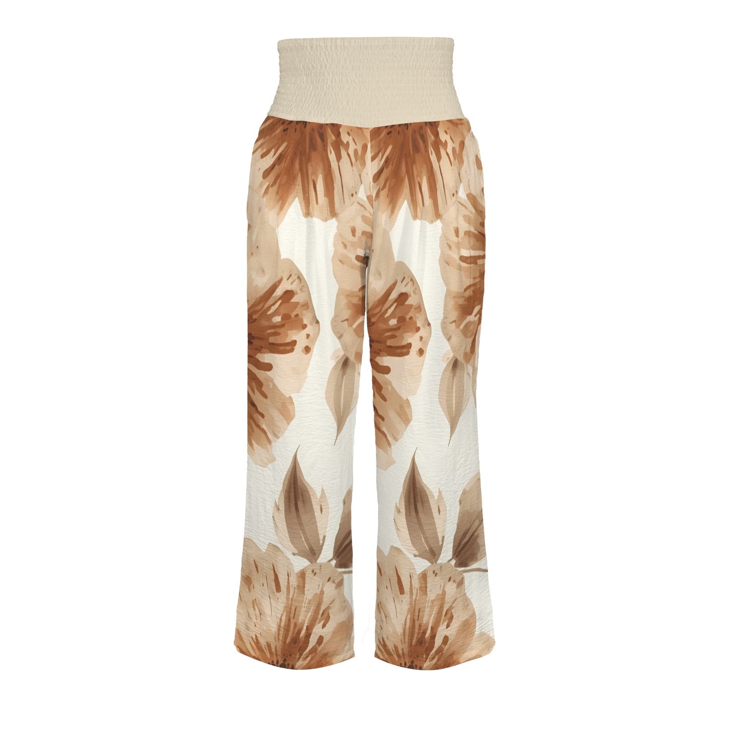 Pantalon large fleurs brunes – taille haute smockée avec poches (S à 5XL) - Big Smiles All Sizes