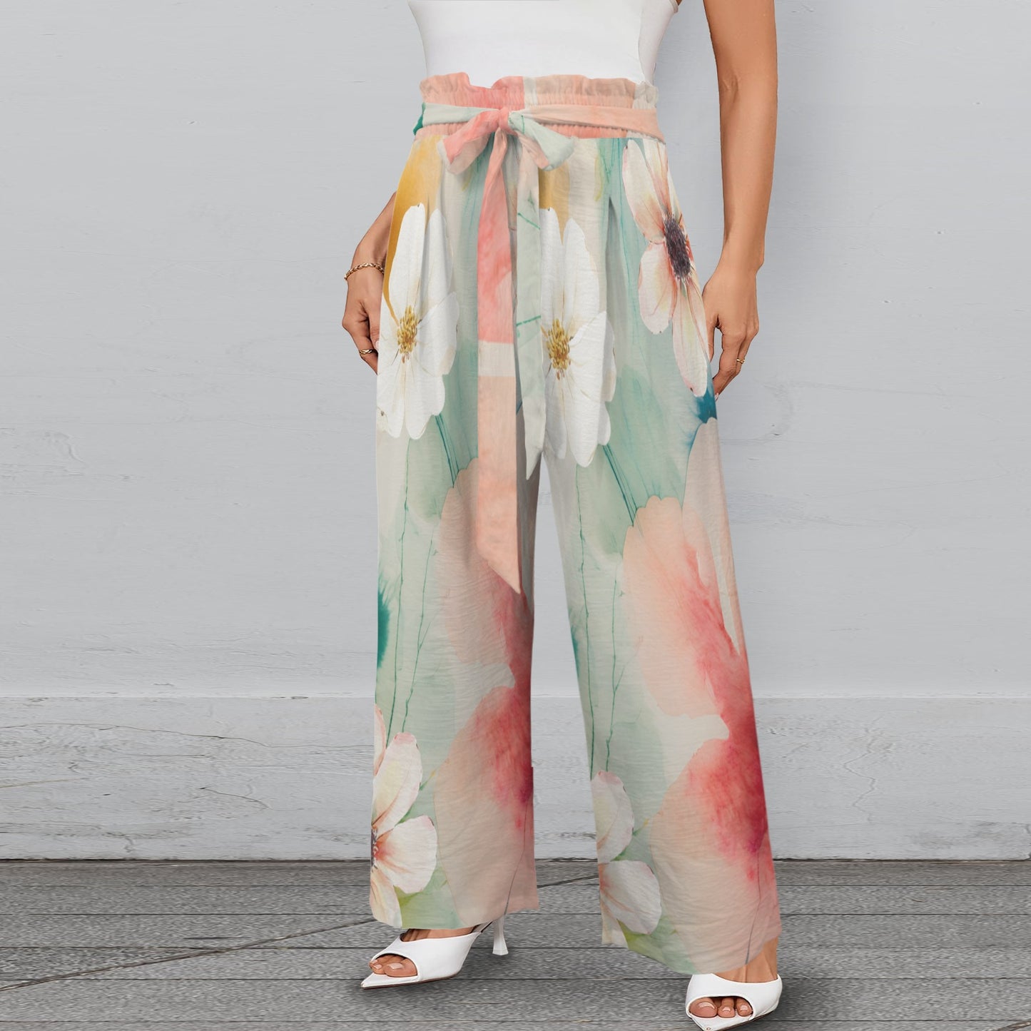 Pantalon large fleurs aquarelle – taille élastique à nouer & poches (S à 5XL) - Big Smiles All Sizes