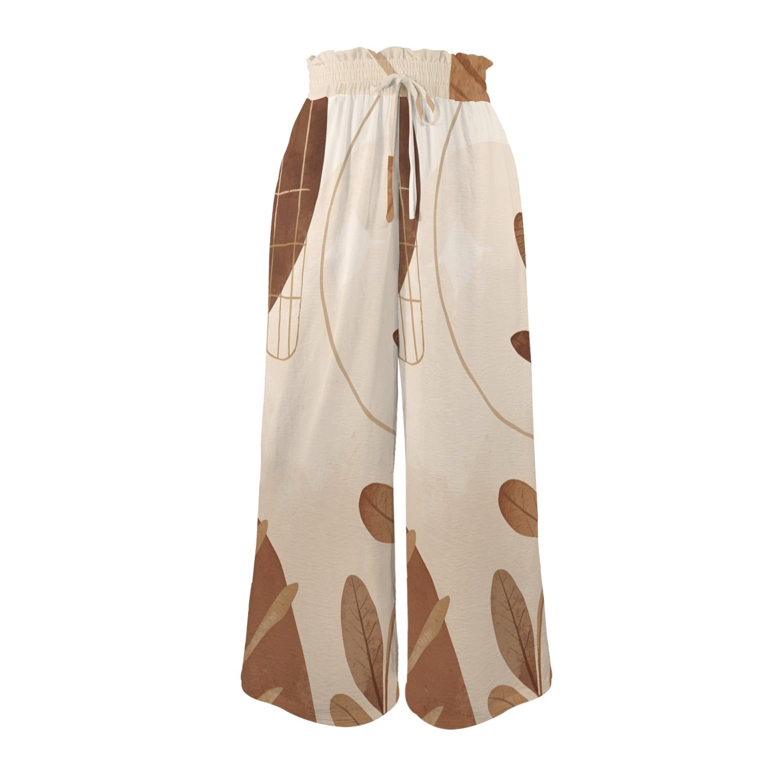 Pantalon large beige motifs feuilles – taille haute élastique à cordon & poches (XS à 5XL) - Big Smiles All Sizes
